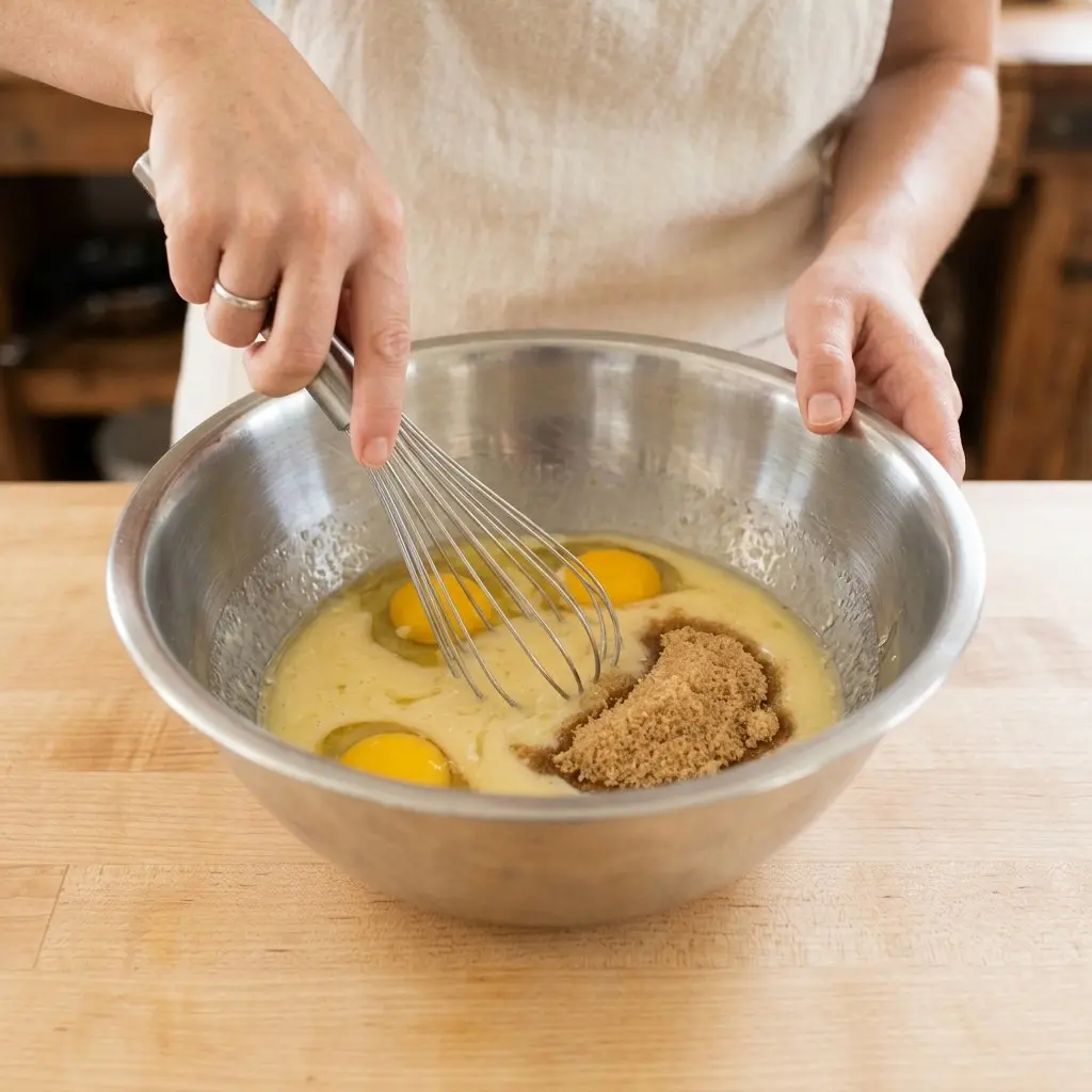 Whisking eggs and brown sugar for Caramel Pecan Carrot Cake batter in a stainless steel bowl