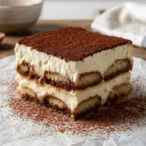 A sliced Classic Italian Tiramisu showing the layers of ladyfingers, mascarpone cream, and cocoa powder