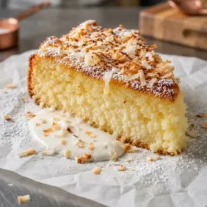 A slice of Coconut Ricotta Custard Cake dusted with powdered sugar and toasted coconut