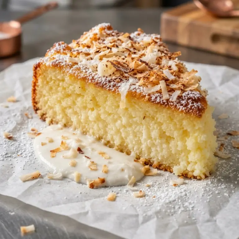 A slice of Coconut Ricotta Custard Cake dusted with powdered sugar and toasted coconut