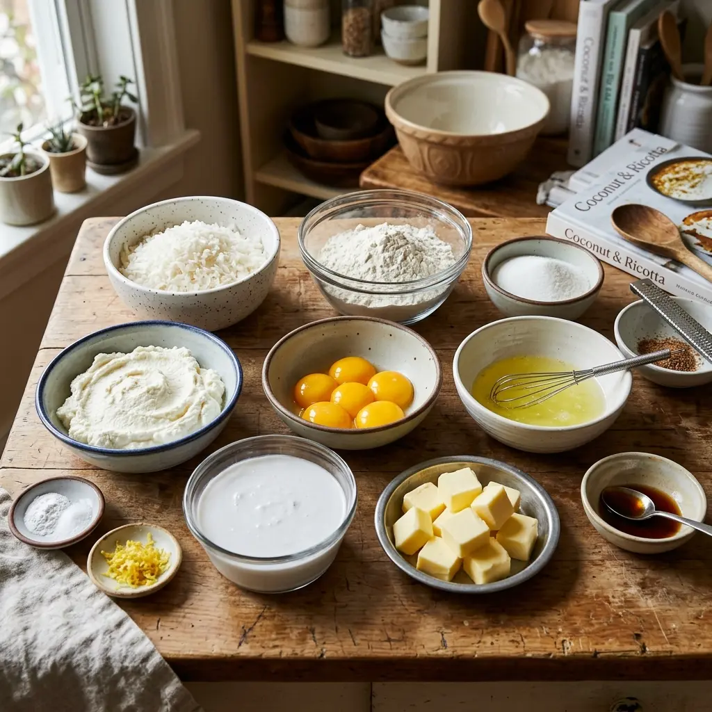 Coconut Ricotta Custard Cake 7 Ingredients for Coconut Ricotta Custard Cake laid out: flour, ricotta, coconut, eggs, butter, and sugar