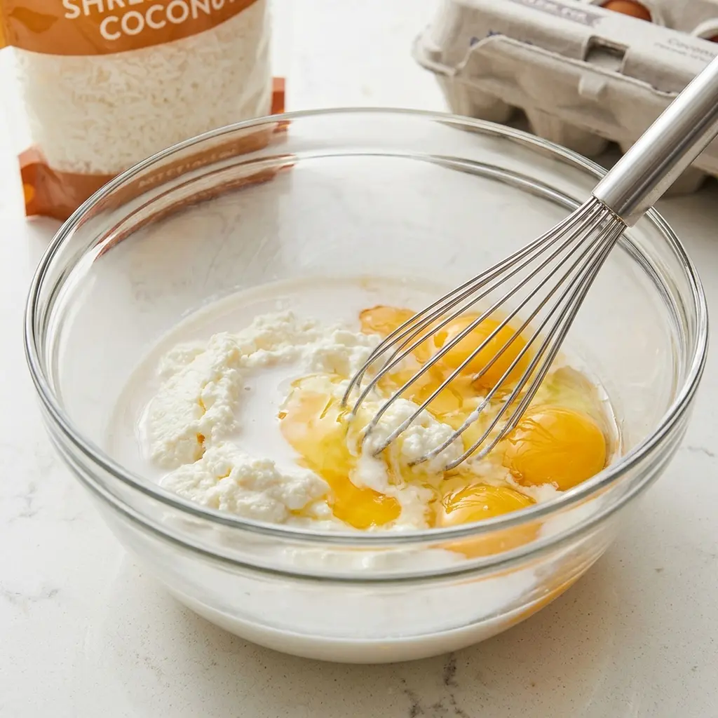 Coconut Ricotta Custard Cake 8 Whisking ricotta cheese and eggs together for the coconut custard cake batter