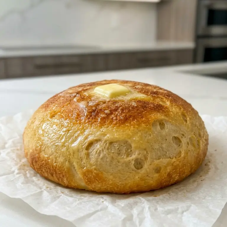 A round loaf of Dolly Parton Crock Pot Bread topped with a pat of melting butter