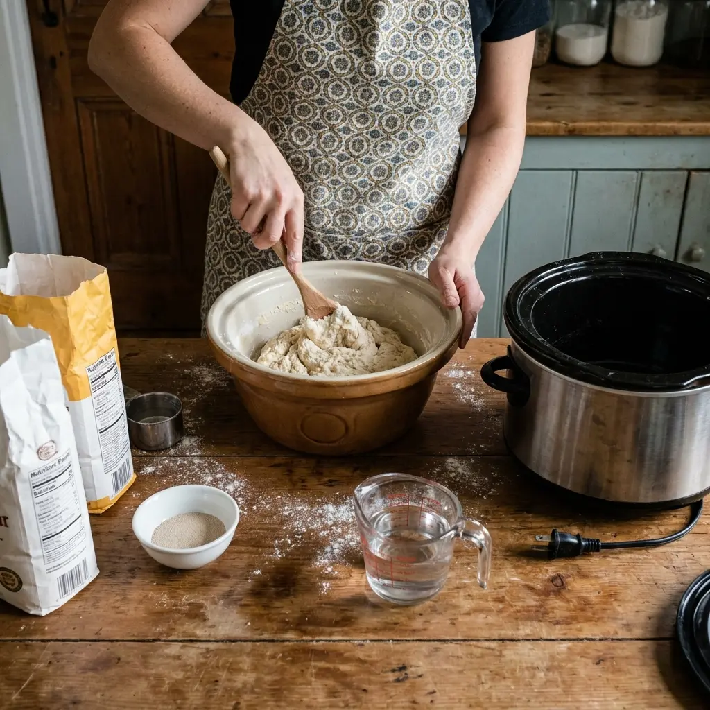 Ingredients for Dolly Parton Crock Pot Bread laid out next to a slow cooker