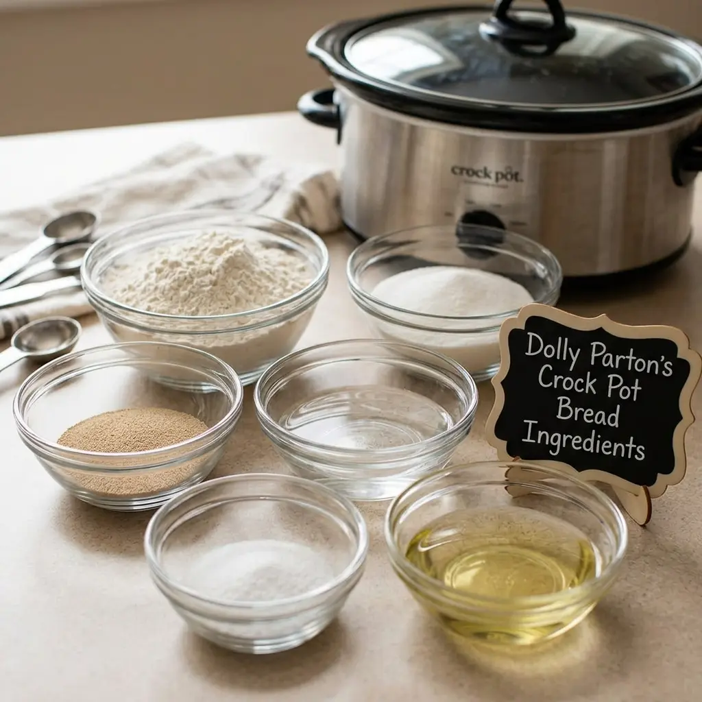 Stirring the crock pot bread dough in a bowl next to the slow cooker
