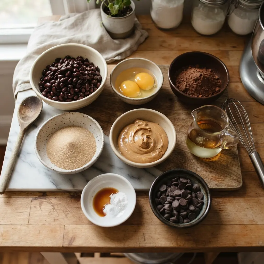 Flourless Black Bean Brownie 7 Ingredients for Flourless Black Bean Brownie laid out: black beans, eggs, cocoa powder, sugar, and chocolate chips