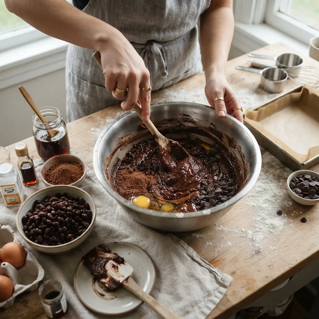 Flourless Black Bean Brownie 8 Mixing the flourless black bean brownie batter with black beans and chocolate chips