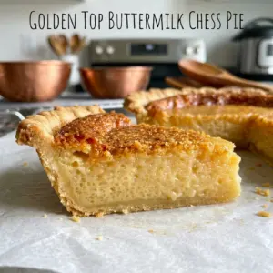 A slice of Golden Top Buttermilk Chess Pie showing the crackly golden top and creamy custard filling