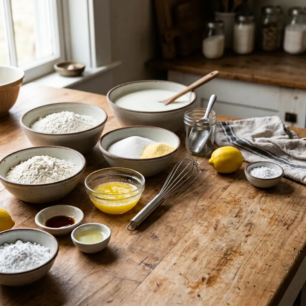 Golden Top Buttermilk Chess Pie 7 Ingredients for Golden Top Buttermilk Chess Pie laid out in bowls: flour, sugar, cornmeal, butter, lemon, and vanilla