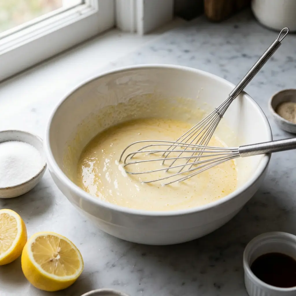 Golden Top Buttermilk Chess Pie 8 Whisking the buttermilk chess pie custard filling together in a mixing bowl
