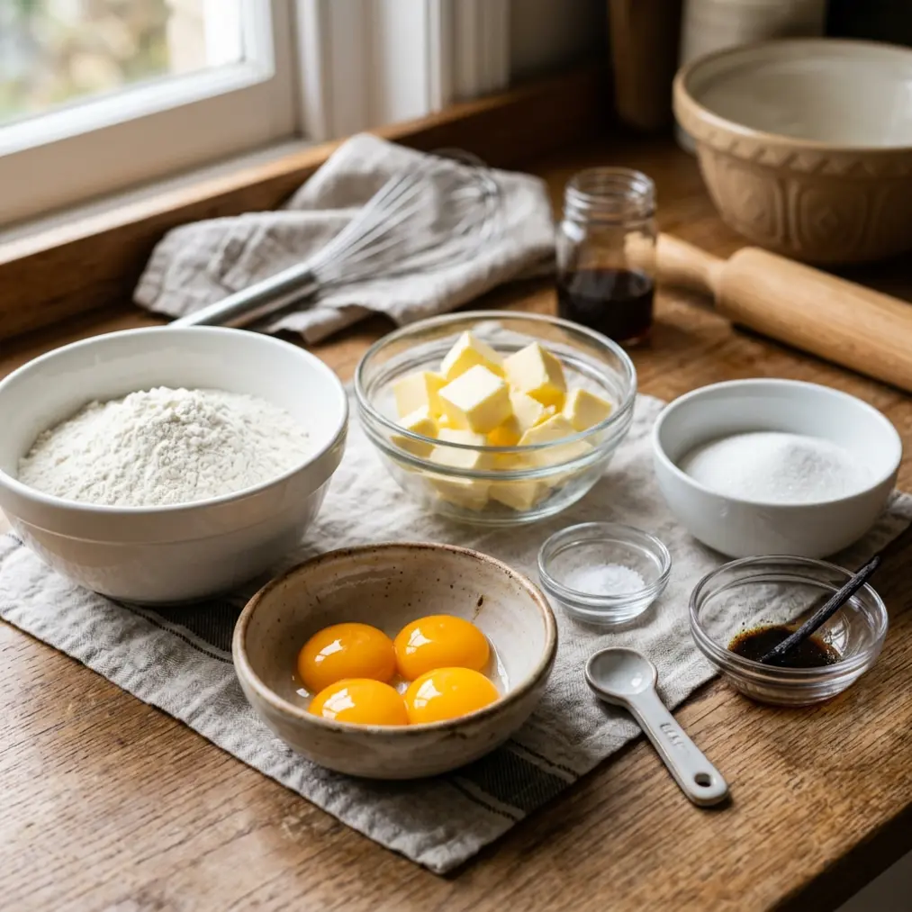 Ingredients for Italian Shortbread Cookies laid out: flour, butter, sugar, eggs, and vanilla