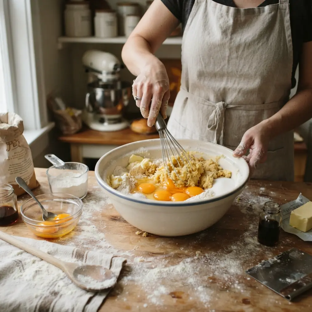 Whisking the Italian shortbread cookie dough with eggs and flour in a large bowl