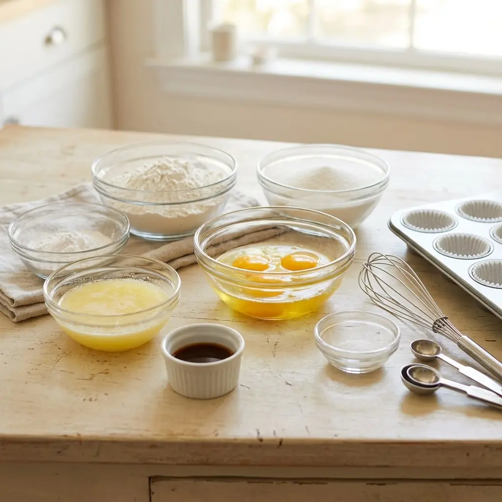 Mini Victoria Sponge Cakes 7 Ingredients for Mini Victoria Sponge Cakes laid out in bowls, including flour, sugar, eggs, melted butter, and vanilla