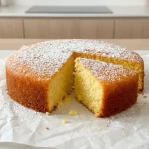 A sliced Moist Buttermilk Coconut Cake dusted with powdered sugar