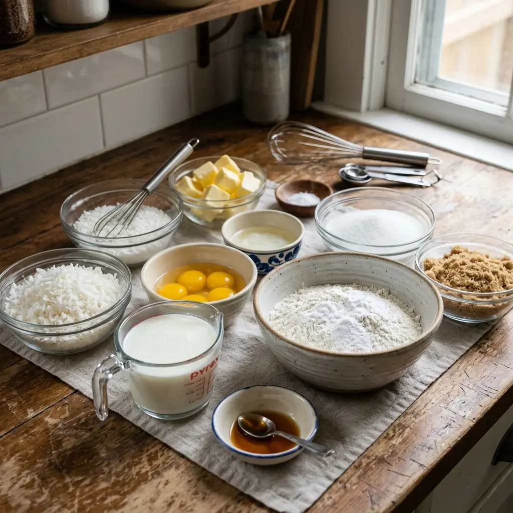Moist Buttermilk Coconut Cake 7 Ingredients for Moist Buttermilk Coconut Cake laid out: flour, butter, sugar, eggs, buttermilk, and shredded coconut