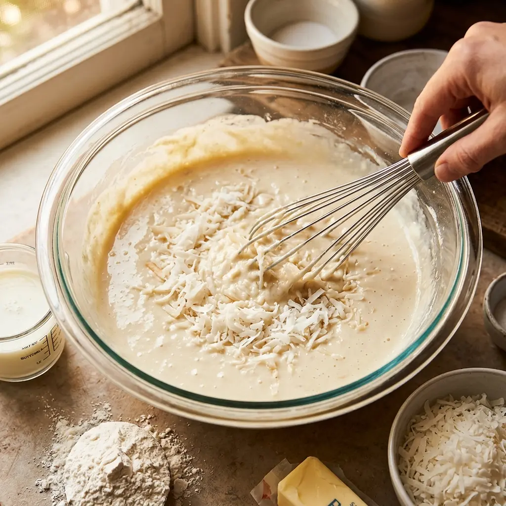 Moist Buttermilk Coconut Cake 8 Folding shredded coconut into buttermilk cake batter with a whisk