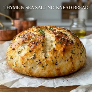 A finished loaf of No Knead Herb and Sea Salt Bread with a golden, crackly crust