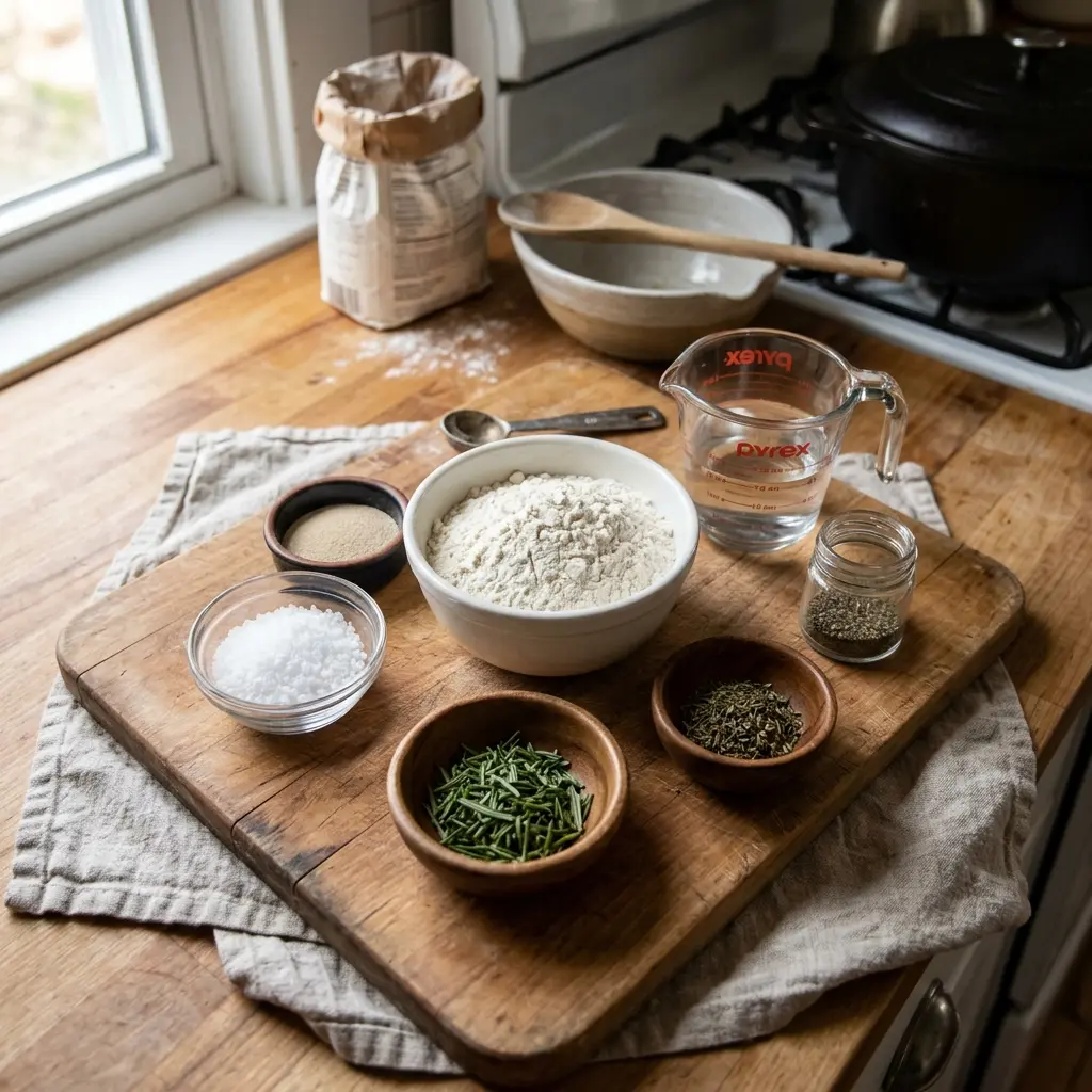 Ingredients for No Knead Herb and Sea Salt Bread laid out: flour, yeast, salt, and fresh rosemary