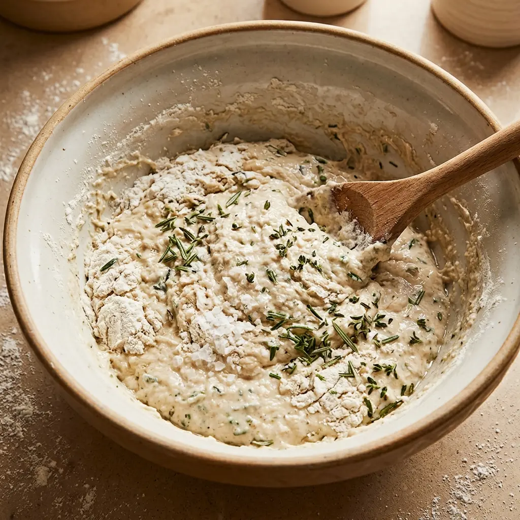Mixing the no-knead bread dough with fresh rosemary and sea salt in a bowl