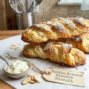 Rustic Almond Ricotta Biscuits stacked and topped with sliced almonds and powdered sugar