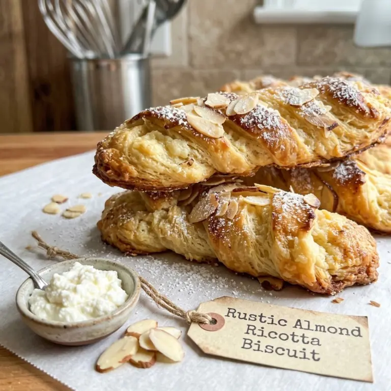 Rustic Almond Ricotta Biscuits stacked and topped with sliced almonds and powdered sugar