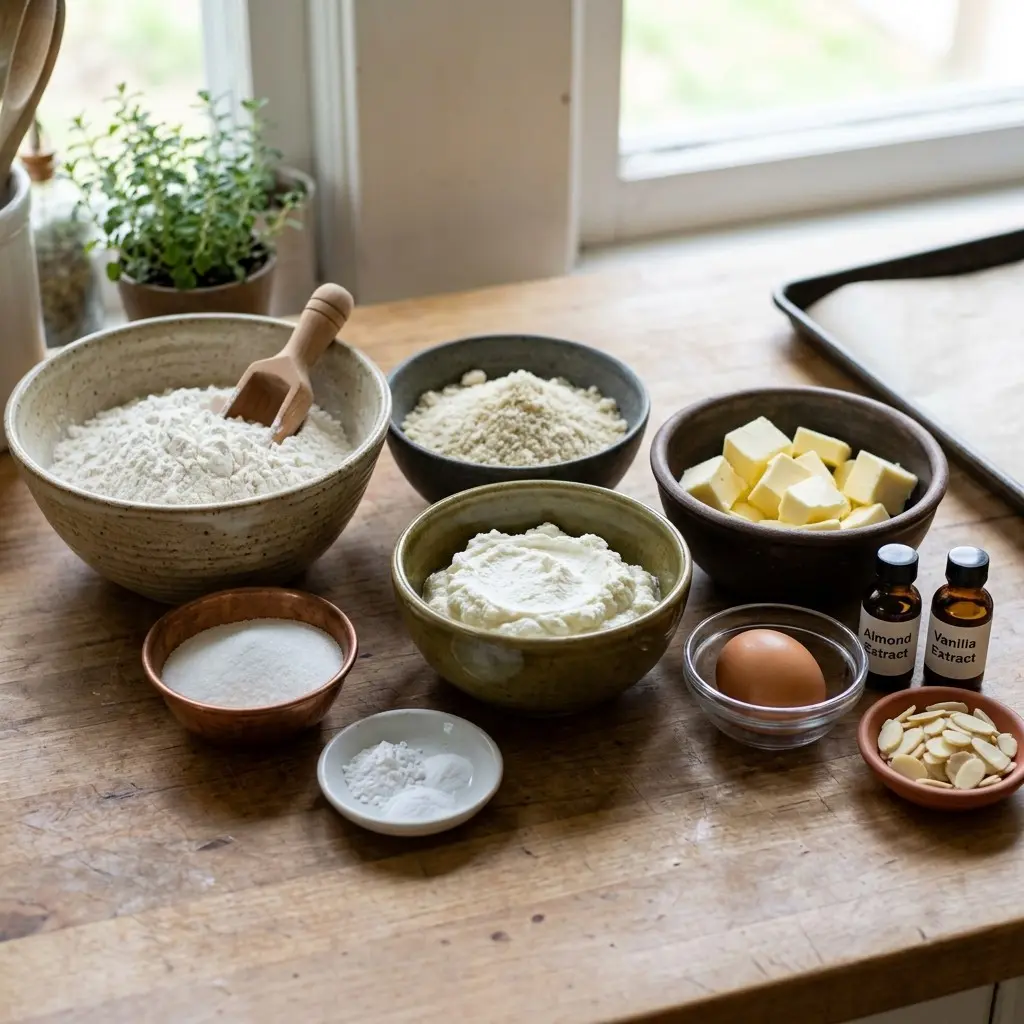 Ingredients for Rustic Almond Ricotta Biscuits laid out in bowls, including flour, ground almonds, butter, ricotta, and egg