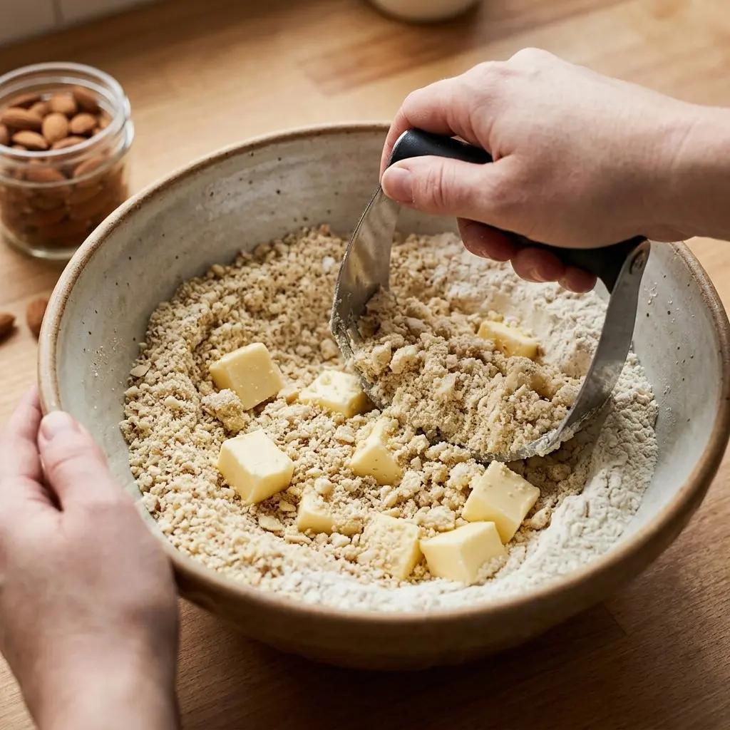 Preparing Rustic Almond Ricotta Biscuits dough by hand in a mixing bowl