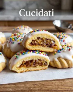 Sicilian Cucidati cookies glazed and topped with rainbow sprinkles, showing the fig filling inside