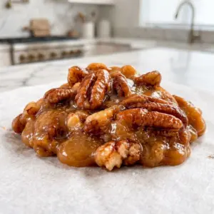 Southern 3-Ingredient Pecan Pralines piled on parchment paper, showing the glossy brown sugar coating