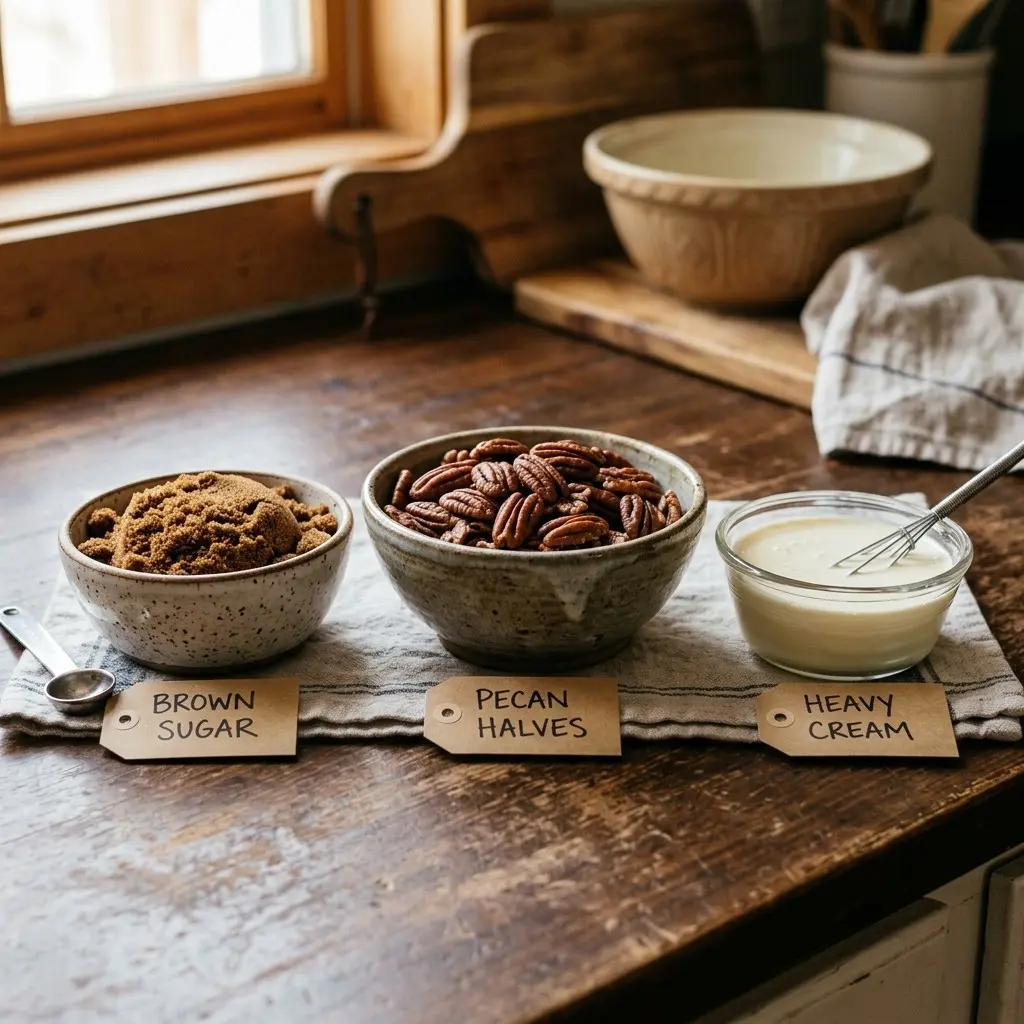 Ingredients for Southern 3-Ingredient Pecan Pralines: brown sugar, pecan halves, and heavy cream in labeled bowls