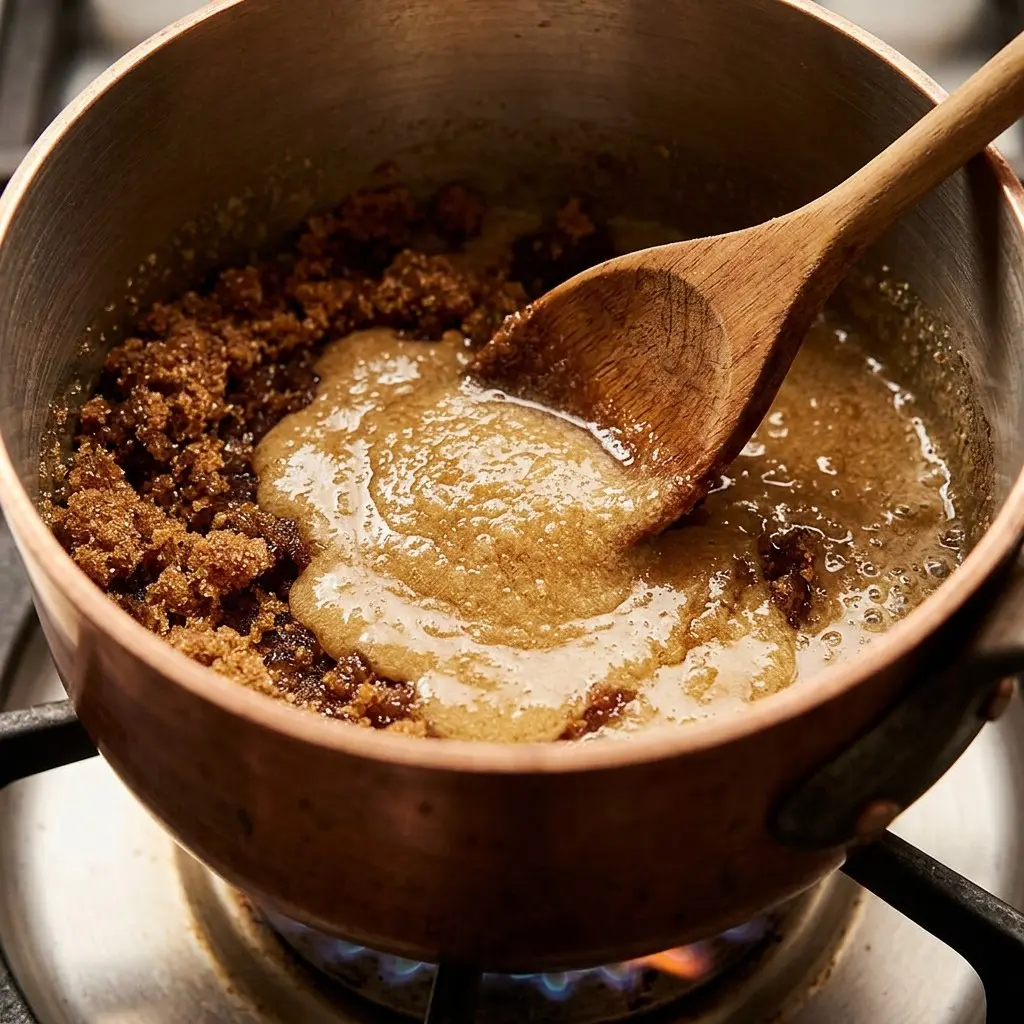 Cooking brown sugar for a pecan praline coating in a saucepan