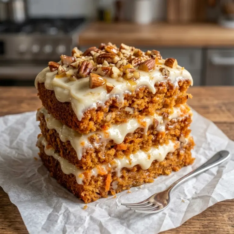 Sliced Southern Pecan Carrot Cake with cream cheese frosting and crushed pecans on top