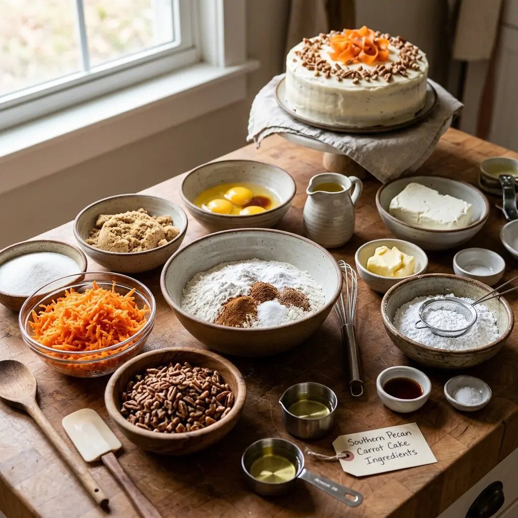 Southern Pecan Carrot Cake with Cream Cheese Frosting 7 Ingredients for Southern Pecan Carrot Cake with Cream Cheese Frosting laid out on a table