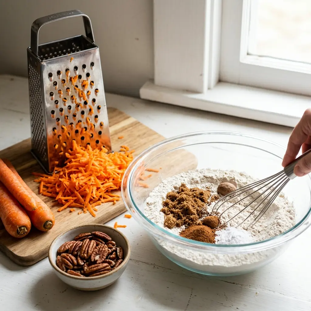 Southern Pecan Carrot Cake with Cream Cheese Frosting 8 Grating fresh carrots and whisking the spiced dry ingredients for carrot cake batter