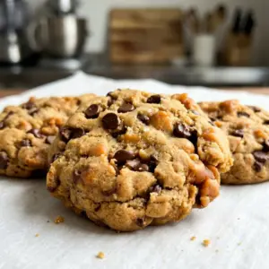 Sumbitches Cookies stacked on parchment paper, showing melted chocolate and caramel from chopped Rolos