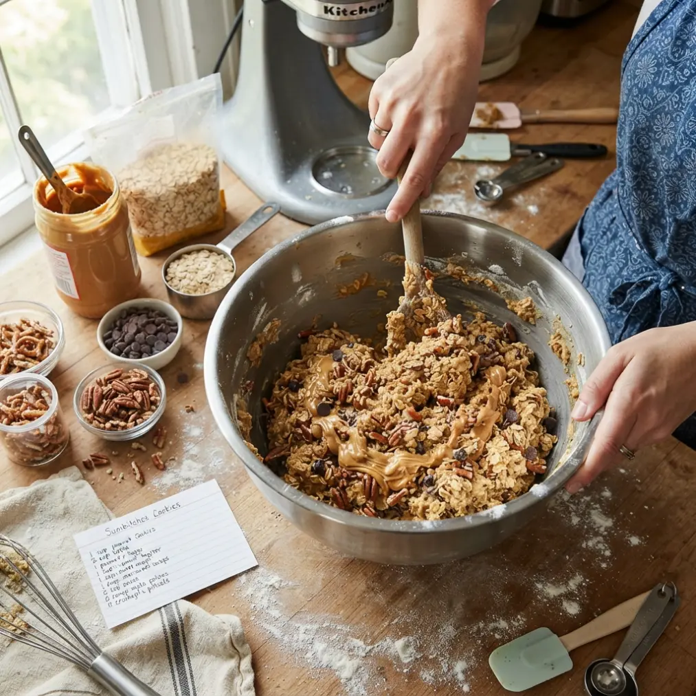 Sumbitches Cookies 8 Mixing Sumbitches Cookies peanut butter dough with pecans and chocolate chips in a stainless steel bowl
