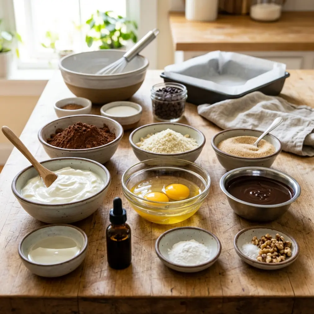 Zero Carb Keto Greek Yogurt Brownie 7 Ingredients for Zero Carb Keto Greek Yogurt Brownie laid out: cocoa powder, Greek yogurt, eggs, and sweetener