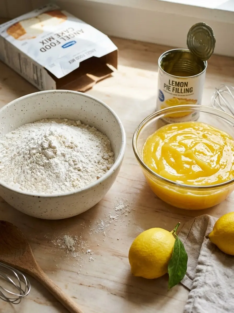 Ingredients for 2 ingredient lemon bars: angel food cake mix and lemon pie filling with fresh lemons