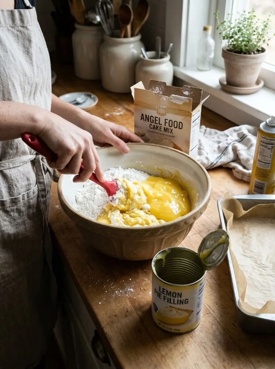 Stirring angel food cake mix into lemon pie filling in a large bowl for 2 ingredient lemon bars