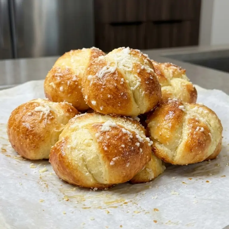 3-Ingredient Cottage Cheese Garlic Knots stacked on parchment, golden and topped with grated parmesan