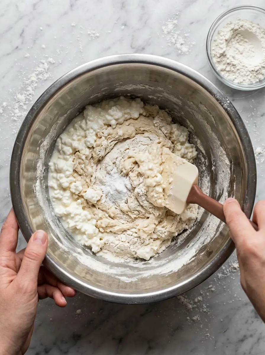 3-Ingredient Cottage Cheese Garlic Knots 8 Stirring self-rising flour into cottage cheese to make 3-Ingredient Cottage Cheese Garlic Knots dough