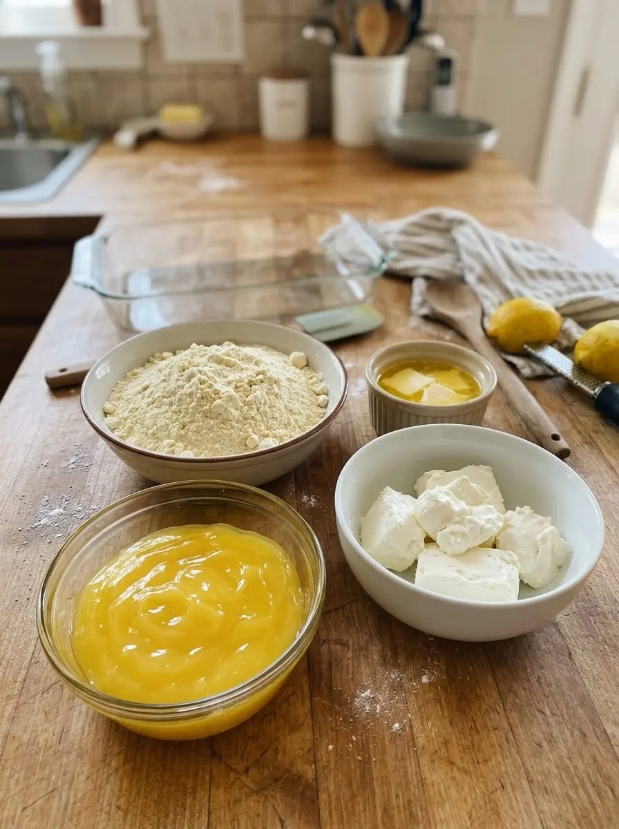 The 4 ingredients for lemon cream cheese dump cake: cake mix, lemon pie filling, cream cheese, and melted butter