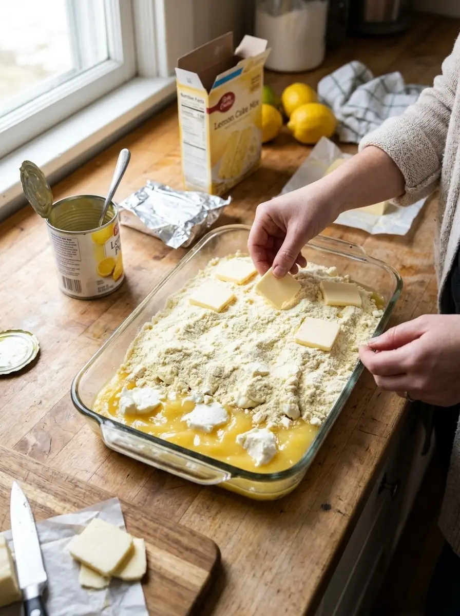 Layering lemon pie filling, cream cheese, dry cake mix, and butter in a glass baking dish for lemon cream cheese dump cake