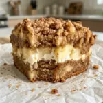 Apple Coffee Cake with Cream Cheese Filling 6 Slice of apple coffee cake with cream cheese filling showing layers of apple cake, cheesecake and cinnamon streusel