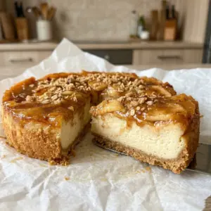 Apple pie cheesecake with a graham cracker crust, creamy filling, caramelized apple topping, and oat streusel, with a slice cut out