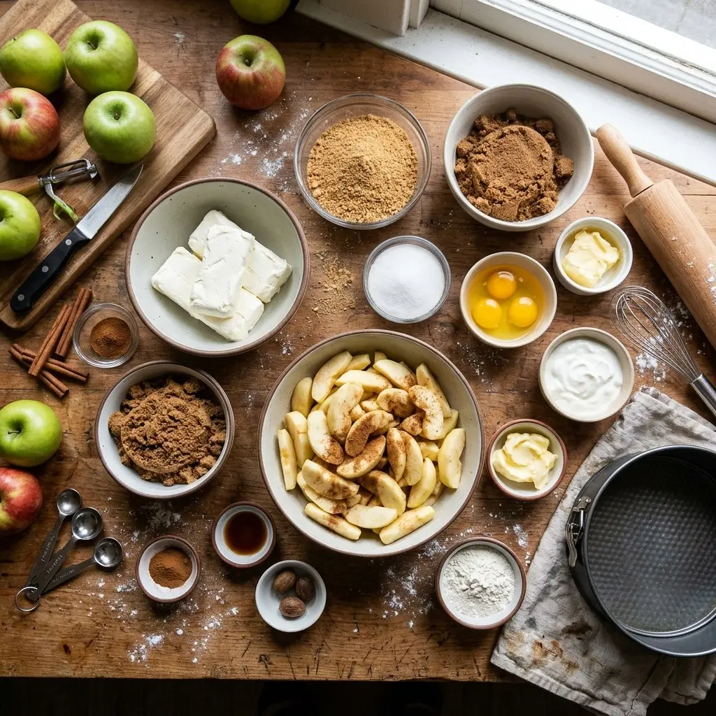 Ingredients for apple pie cheesecake: sliced apples, cream cheese, brown sugar, cinnamon, nutmeg, eggs, sour cream, butter, flour, and a springform pan