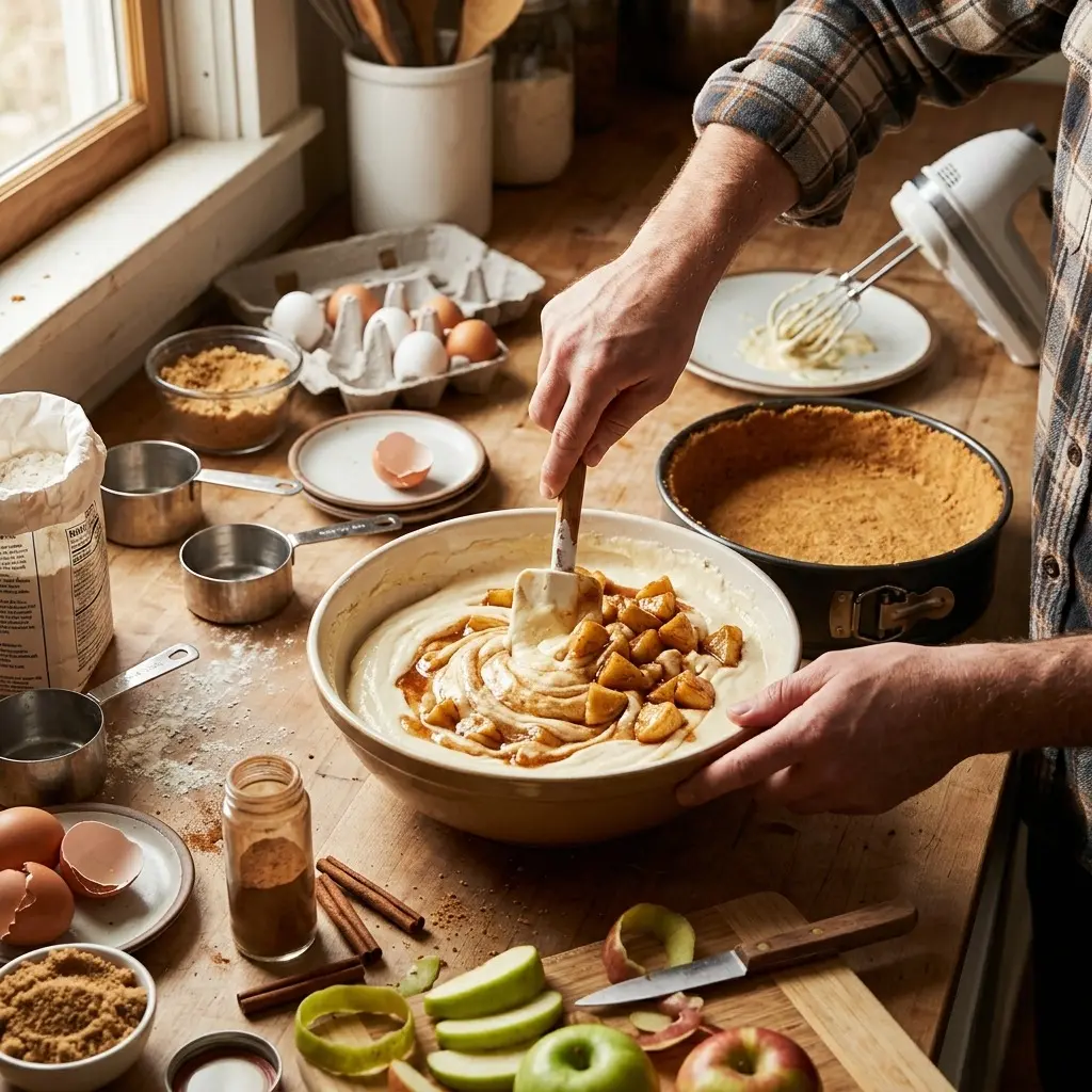 Folding cinnamon apples into cheesecake batter next to a springform pan with a graham cracker crust