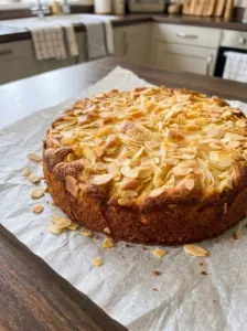 A golden baked autumn apple almond cake topped with toasted sliced almonds on parchment paper