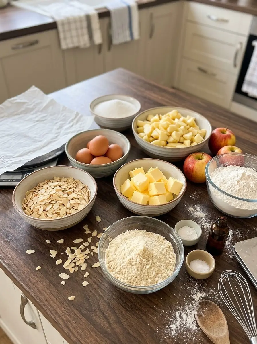 Autumn Apple Almond Cake 4 Ingredients for autumn apple almond cake: butter, eggs, sugar, almond flour, flour, diced apples, and sliced almonds