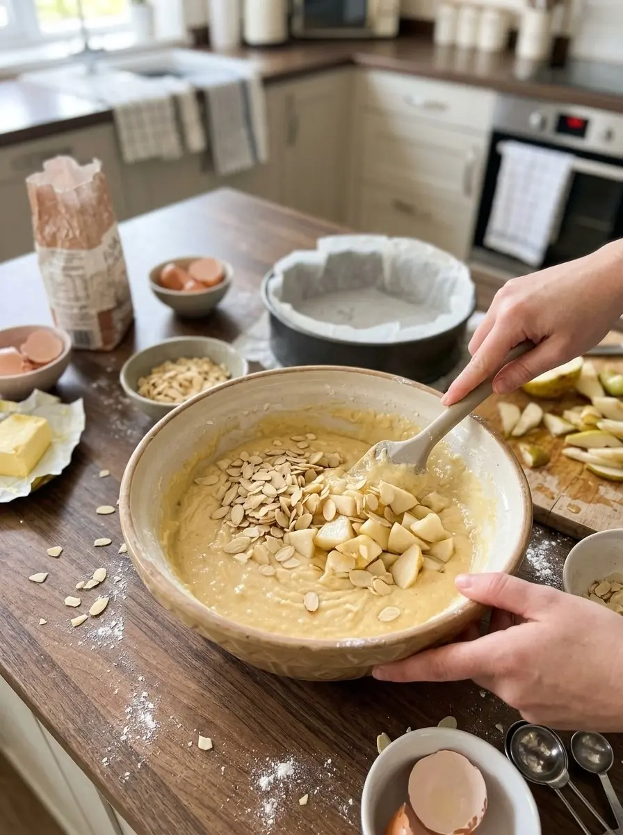 Autumn Apple Almond Cake 5 Folding diced apples and sliced almonds into batter for autumn apple almond cake